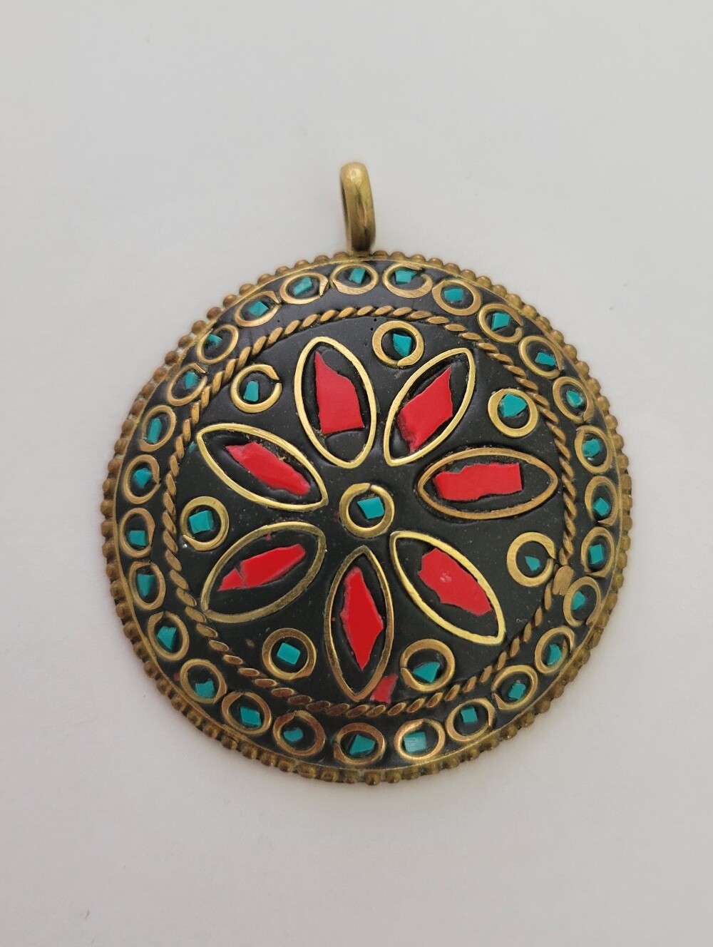 Vintage Tibetan Solid Brass Pendant Turquoise & Red Coral Inlay Bohemian